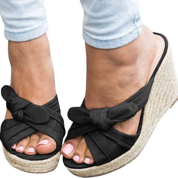 Womens Espadrille Wedge Sandals Faux Suede Open Toe Slides Summer Shoes - Picture 2 of 3